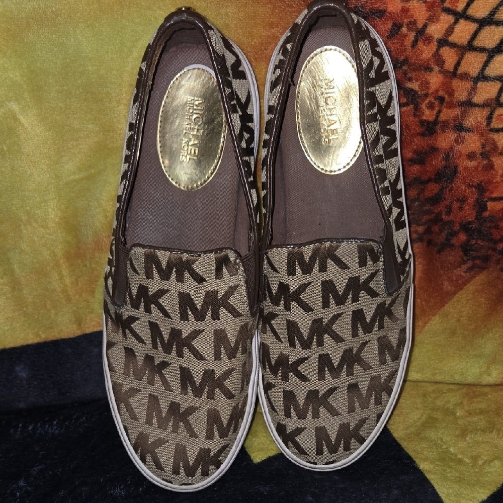 Michael Kors Tan and Brown Logo Slip-Ons